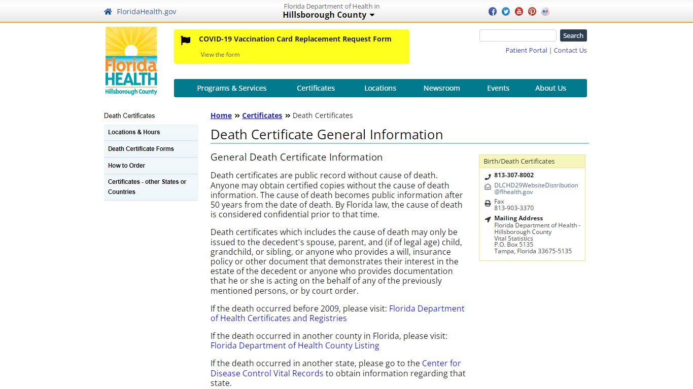 Death Certificate General Information | Florida Department ...