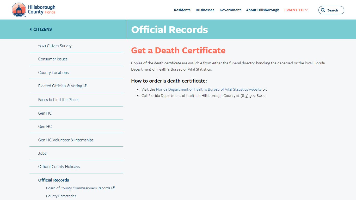 Hillsborough County - Get a Death Certificate
